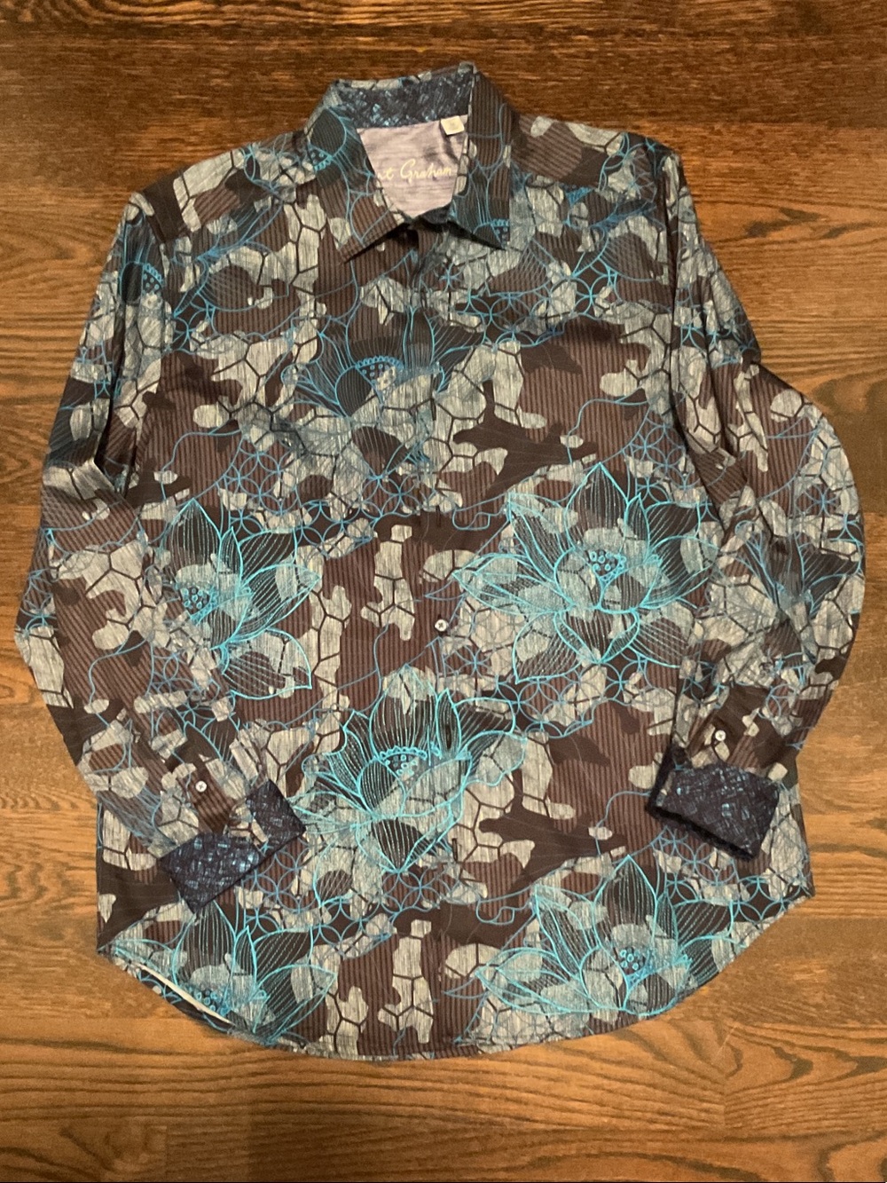 EXC Robert Graham Brown Shirt with Teal Floral Raised Stitching Print MED
